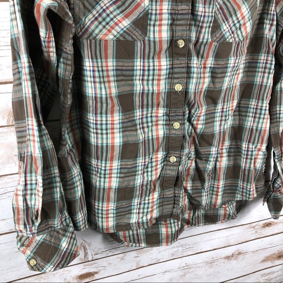 Life Is Good brown plaid hi low button up hood top - Picture 4 of 8
